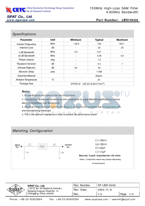 LBS15009 datasheet - 150MHz High-Loss SAW Filter 4.60MHz Bandwidth