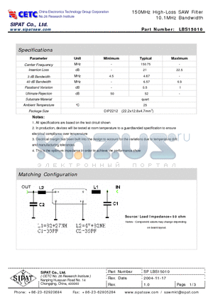 LBS15010 datasheet - 150MHz High-Loss SAW Filter 10.1MHz Bandwidth