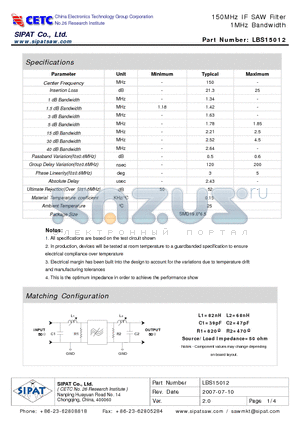 LBS15012 datasheet - 150MHz IF SAW Filter 1MHz Bandwidth