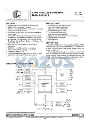 IDT72104L50J datasheet - CMOS PARALLEL-SERIAL FIFO 2048 x 9, 4096 x 9