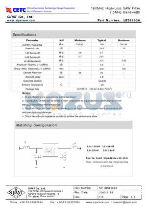 LBS16020 datasheet - 160MHz High-Loss SAW Filter 2.5MHz Bandwidth