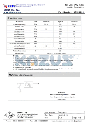 LBS16021 datasheet - 160MHz SAW Filter 1.8MHz Bandwidth