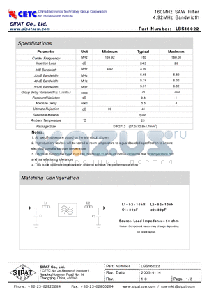 LBS16022 datasheet - 160MHz SAW Filter 4.92MHz Bandwidth