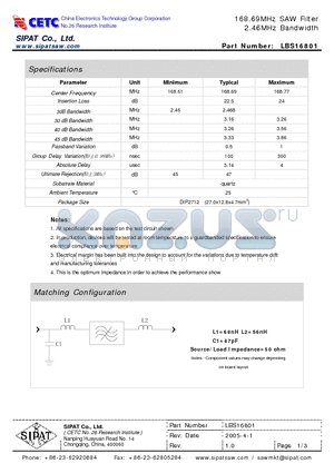 LBS16801 datasheet - 168.69MHz SAW Filter 2.46MHz Bandwidth