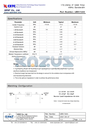LBS17204 datasheet - 172.2MHz IF SAW Filter 4MHz Bandwidth