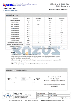 LBS18801 datasheet - 188.2MHz IF SAW Filter 2MHz Bandwidth