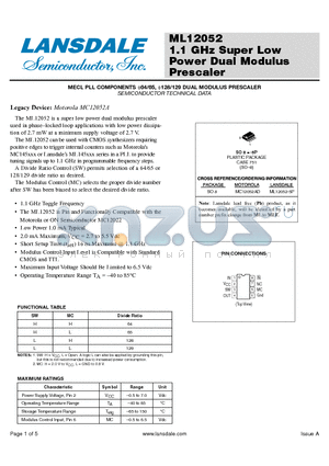 ML12052 datasheet - 1.1 GHz Super Low Power Dual Modulus Prescaler