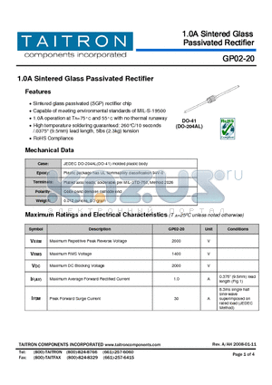 GP02-20 datasheet - 1.0A Sintered Glass Passivated Rectifier