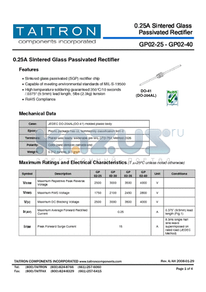 GP02-25 datasheet - 0.25A Sintered Glass Passivated Rectifier