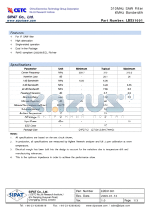 LBS31001 datasheet - 310MHz SAW Filter 6MHz Bandwidth