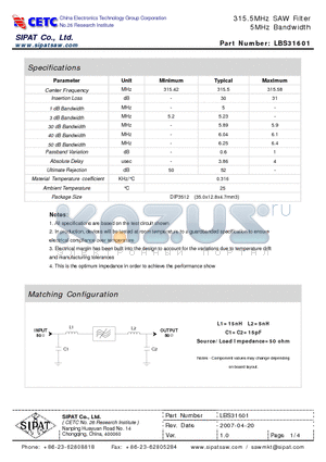 LBS31601 datasheet - 315.5MHz SAW Filter 5MHz Bandwidth