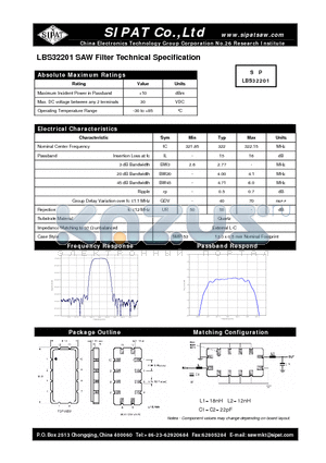 LBS32201 datasheet - SAW Filter Technical Specification