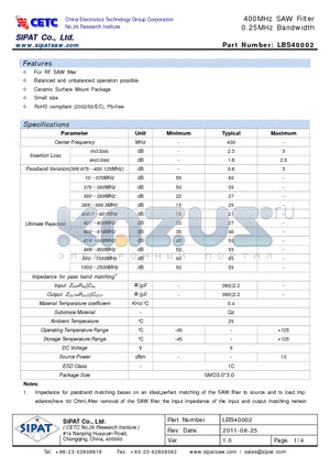 LBS40002 datasheet - 400MHz SAW Filter 0.25MHz Bandwidth