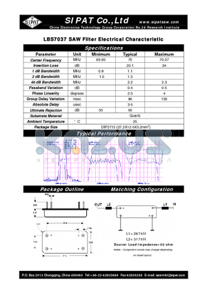 LBS7037 datasheet - SAW Filter Electrical Characteristic