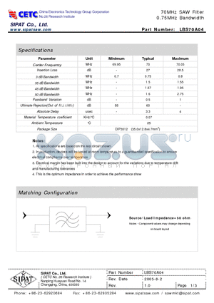 LBS70A04 datasheet - 70MHz SAW Filter 0.75MHz Bandwidth