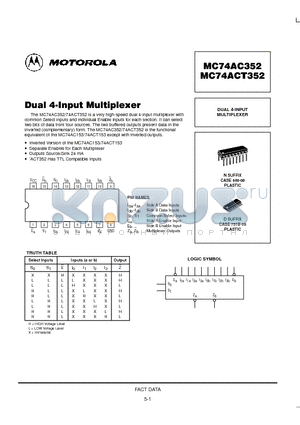 MC74ACT352N datasheet - DUAL 4-INPUT MULTIPLEXER