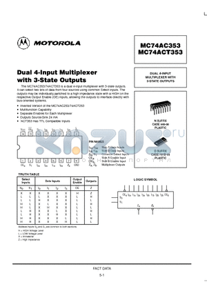 MC74ACT353N datasheet - DUAL 4-INPUT MULTIPLEXER WITH 3-STATE OUTPUTS