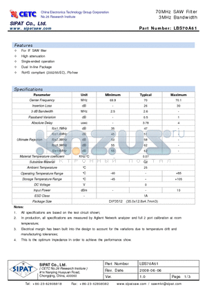 LBS70A61 datasheet - 70MHz SAW Filter 3MHz Bandwidth