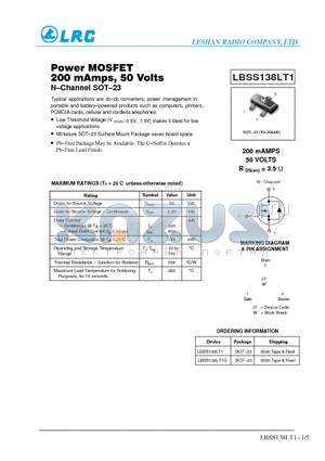 LBSS138LT1G datasheet - Power MOSFET 200 mAmps, 50 Volts N-hannel SOT-3