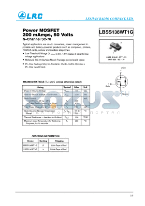 LBSS138WT1G datasheet - Power MOSFET 200 mAmps, 50 Volts