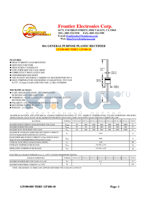 GP100-06 datasheet - 10A GENERAL PURPOSE PLASTIC RECTIFIER