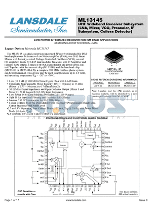 ML13145-9P datasheet - UHF Wideband Receiver Subsystem (LNA, Mixer, VCO, Prescaler, IF Subsystem, Coiless Detector)