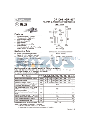 GP1001 datasheet - 10.0 AMPS. Glass Passivated Rectifiers