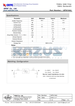 LBT07082 datasheet - 70MHz SAW Filter 9MHz Bandwidth