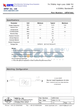 LBT07402 datasheet - 74.75MHz High-Loss SAW Filter 4.50MHz Bandwidth