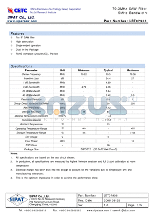 LBT07906 datasheet - 79.3MHz SAW Filter 5MHz Bandwidth