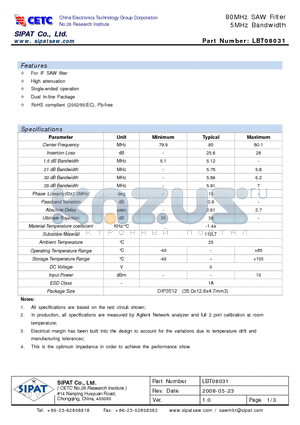 LBT08031 datasheet - 80MHz SAW Filter 5MHz Bandwidth