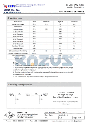 LBT08802 datasheet - 88MHz SAW Filter 6MHz Bandwidth