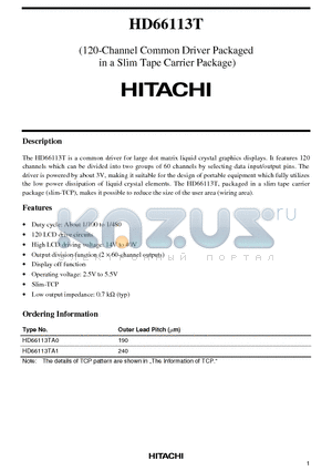 HD66113TA0 datasheet - (120-Channel Common Driver Packaged in a Slim Tape Carrier Package)