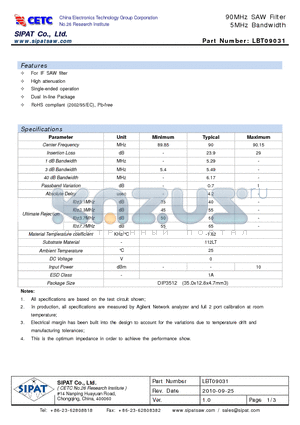 LBT09031 datasheet - 90MHz SAW Filter 5MHz Bandwidth