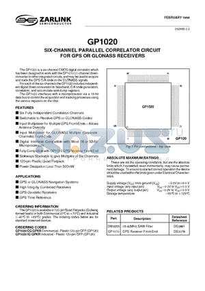 GP1020 datasheet - SIX-CHANNEL PARALLEL CORRELATOR CIRCUIT FOR GPS OR GLONASS RECEIVERS