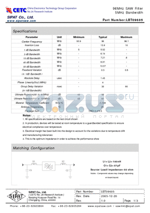 LBT09605 datasheet - 96MHz SAW Filter 5MHz Bandwidth