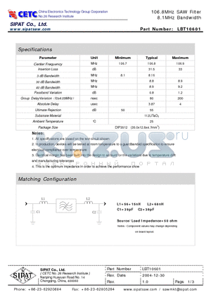 LBT10601 datasheet - 106.8MHz SAW Filter 8.1MHz Bandwidth