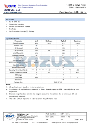 LBT11501L_09 datasheet - 115MHz SAW Filter 2MHz Bandwidth