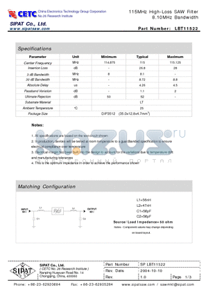 LBT11522 datasheet - 115MHz High-Loss SAW Filter 8.10MHz Bandwidth