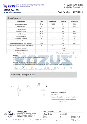 LBT11532 datasheet - 115MHz SAW Filter 4.92MHz Bandwidth