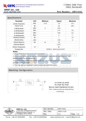 LBT11533 datasheet - 115MHz SAW Filter 5MHz Bandwidth