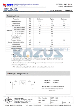 LBT11528 datasheet - 115MHz SAW Filter 5MHz Bandwidth