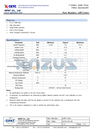 LBT11563 datasheet - 115MHz SAW Filter 7MHz Bandwidth