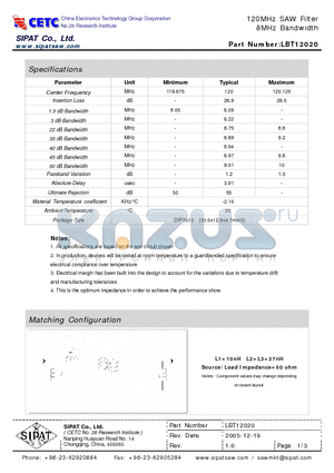 LBT12020 datasheet - 120MHz SAW Filter 8MHz Bandwidth