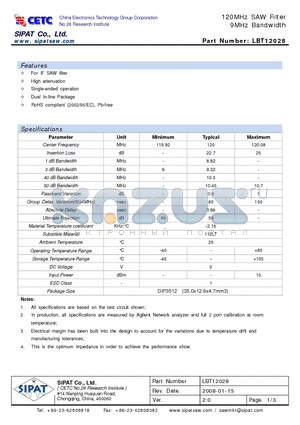 LBT12028 datasheet - 120MHz SAW Filter 9MHz Bandwidth