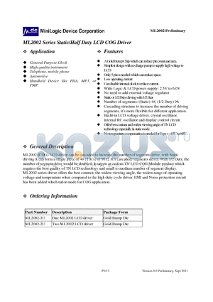 ML2002-1U datasheet - Static/Half Duty LCD COG Driver A Gold Bump Chip which can reduce pin count and area