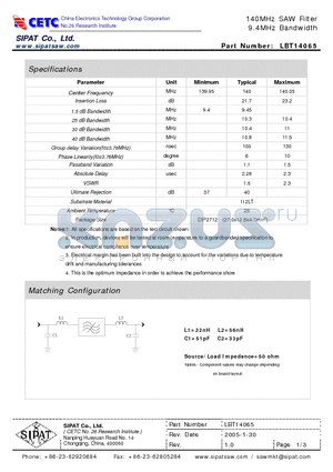 LBT14065 datasheet - 140MHz SAW Filter 9.4MHz Bandwidth