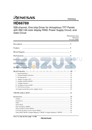 HD66789 datasheet - 528-channel, One-chip Driver for Amorphous TFT Panels with 262,144-color display RAM, Power Supply Circuit, and Gate Circuit