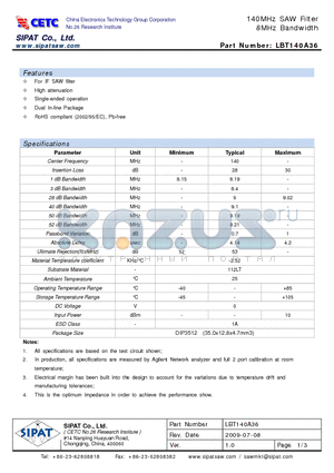 LBT140A36 datasheet - 140MHz SAW Filter 8MHz Bandwidth