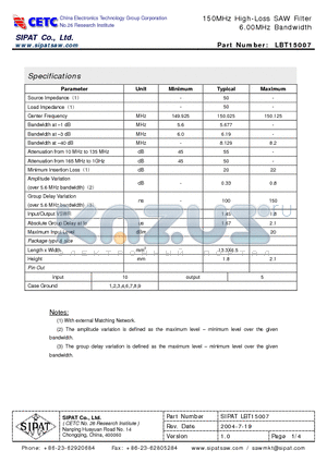 LBT15007 datasheet - 150MHz High-Loss SAW Filter 6.00MHz Bandwidth